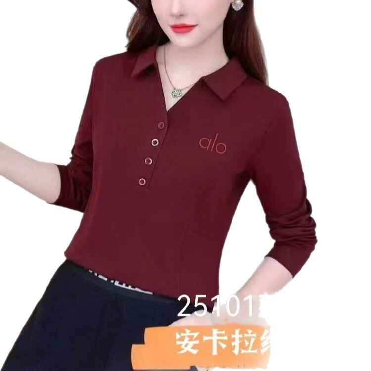 一件代发长袖t恤女刺绣字母POLO领打底衫2025春秋季新款纯色上衣|undefined