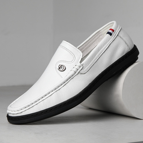 First-layer cowhide new white beanie shoes men's slip-on casual shoes genuine leather soft-surface men's shoes loafers on behalf of