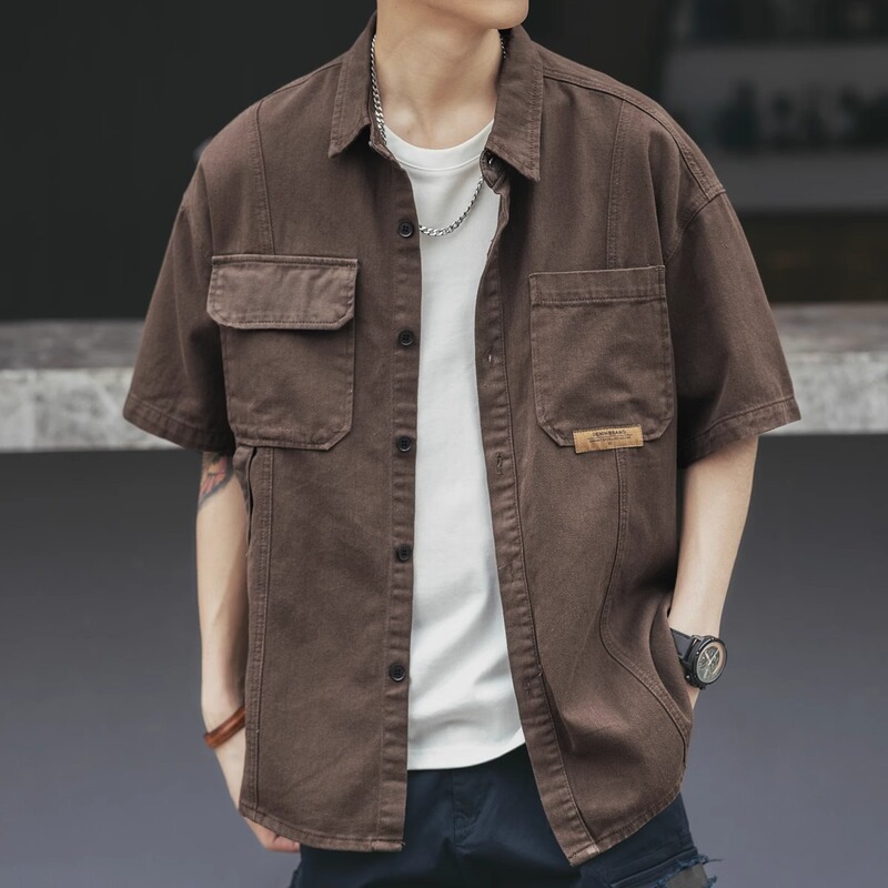 Summer American Retro Short-Sleeve Solid Color Shirt Men's Japanese Style Stylish Trendy Workwear Short-Sleeve Shirt Trendy Brand Jacket