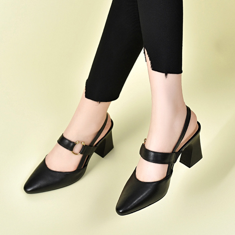 Sandal nữ da thật mũi nhọn gót vuông 5 cm, hở gót, phong cách mùa hè — Đen 5cm