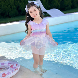 Girls Mermaid Swimsuit Summer 2025 Girls Fashionable Princess Skirt Swimsuit Children's Vacation One-Piece Swimsuit