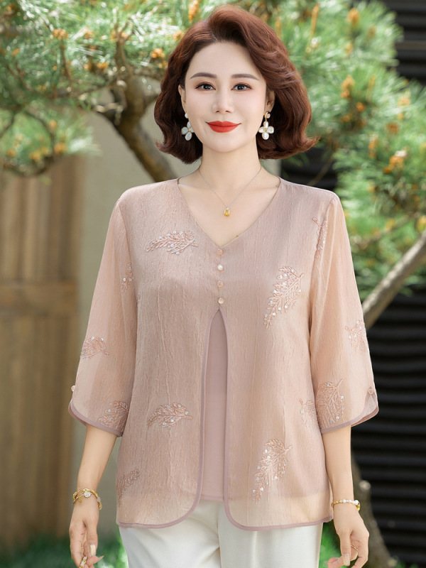 中年妈妈洋气衬衫夏装新款七分袖上衣中老年夏季时尚国风套装女衣|undefined