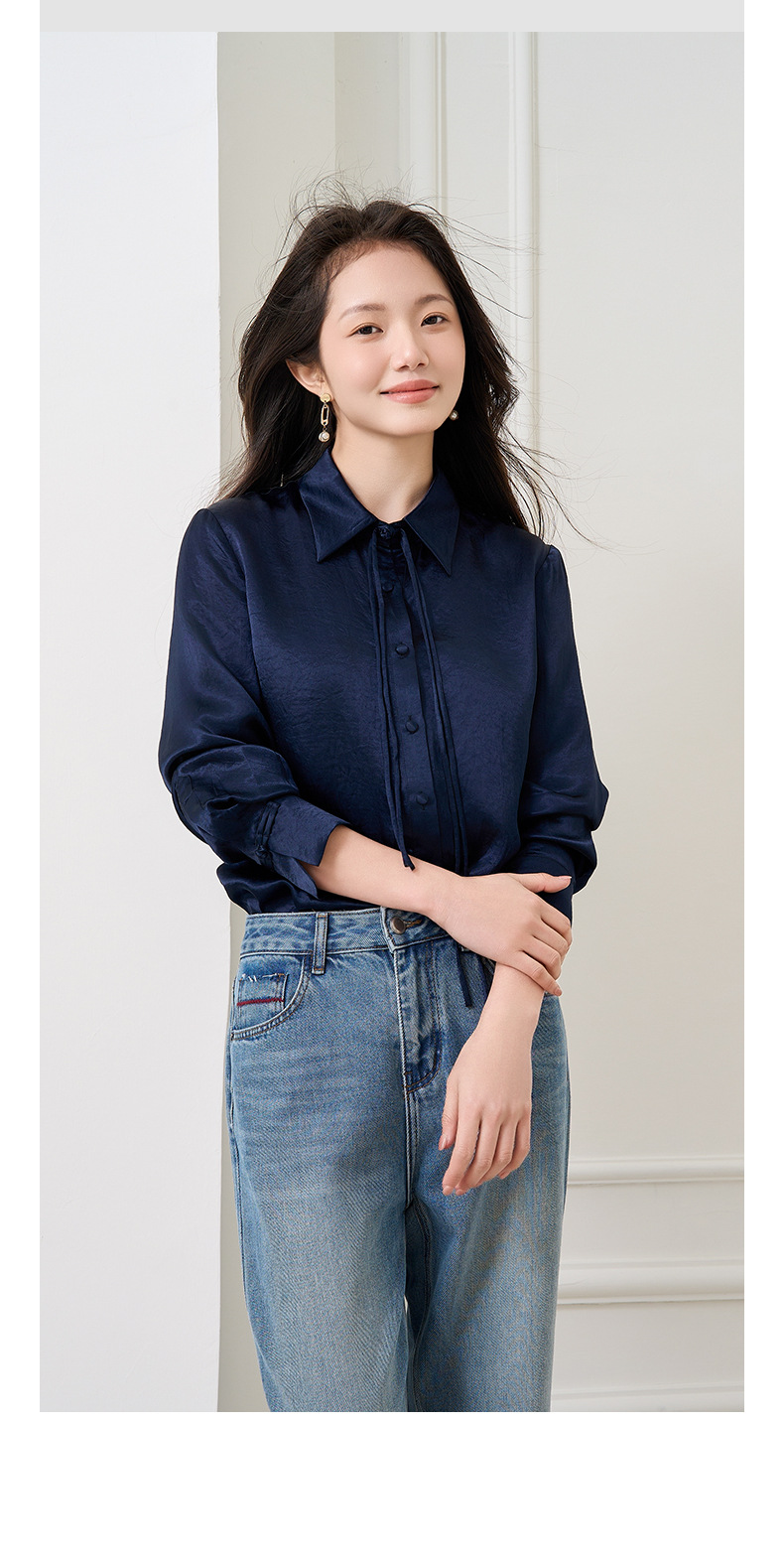 Áo sơ mi nữ dài tay chất liệu acetate phong cách tân cổ điển — Màu xanh navy chi tiết 22