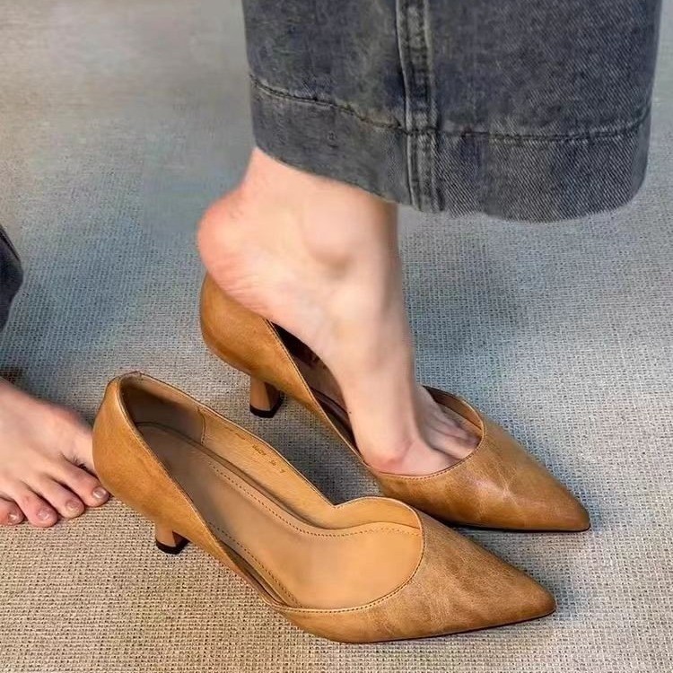 Sheepskin Version ~ All-match High-heeled Shoes Women's Slip-on Retro Genuine Leather Professional Work Shoes Shallow Mouth Pointed Temperament Single-layer Shoes