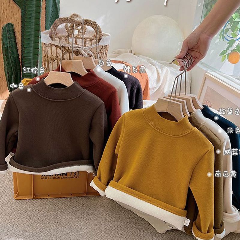 儿童加绒半高领打底卫衣秋冬款韩版洋气男女宝宝一体绒内搭上衣潮