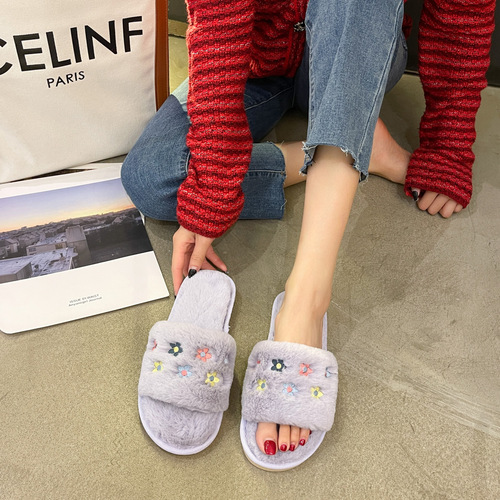 Furry slippers for women  autumn and winter new home open-toe slippers embroidered flowers warm cotton slippers wholesale
