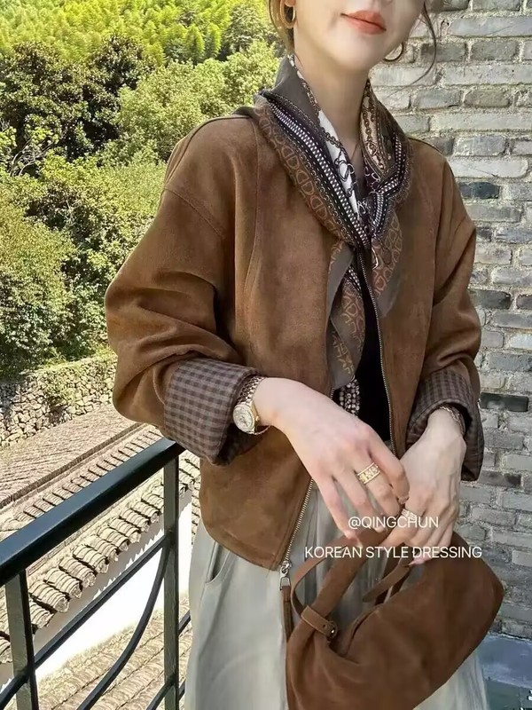 高端韩系设计感圆领袖口拼接鹿皮绒外套女25早秋季新款时尚百搭上|undefined