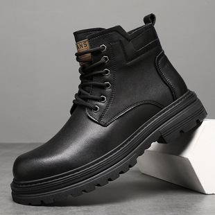2025 Winter Cowhide Warm Lace-Up Versatile Non-Slip Youth Fashion Motorcycle Boots High-Top Men's Shoes Boots for Men