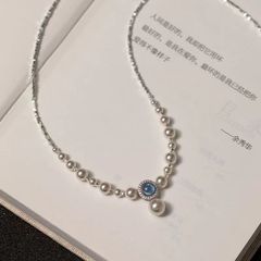 银贝S925纯银海蓝宝珍珠碎银项链女法式轻奢小众设计简约百搭颈链