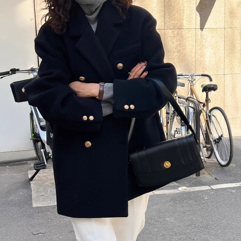 预售黑色羊毛西装外套女2025春秋款韩版气质翻领双排扣羊绒大衣|undefined