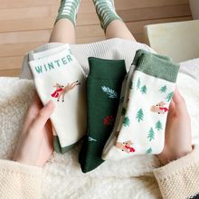 冬季加厚森林綠色麋鹿卡通刺綉日系毛圈襪子批發 女襪加厚 聖誕襪