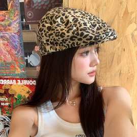 豹纹贝雷帽女小众Y2K复古亚文化显脸小辣妹百搭鸭舌帽ins风前进帽