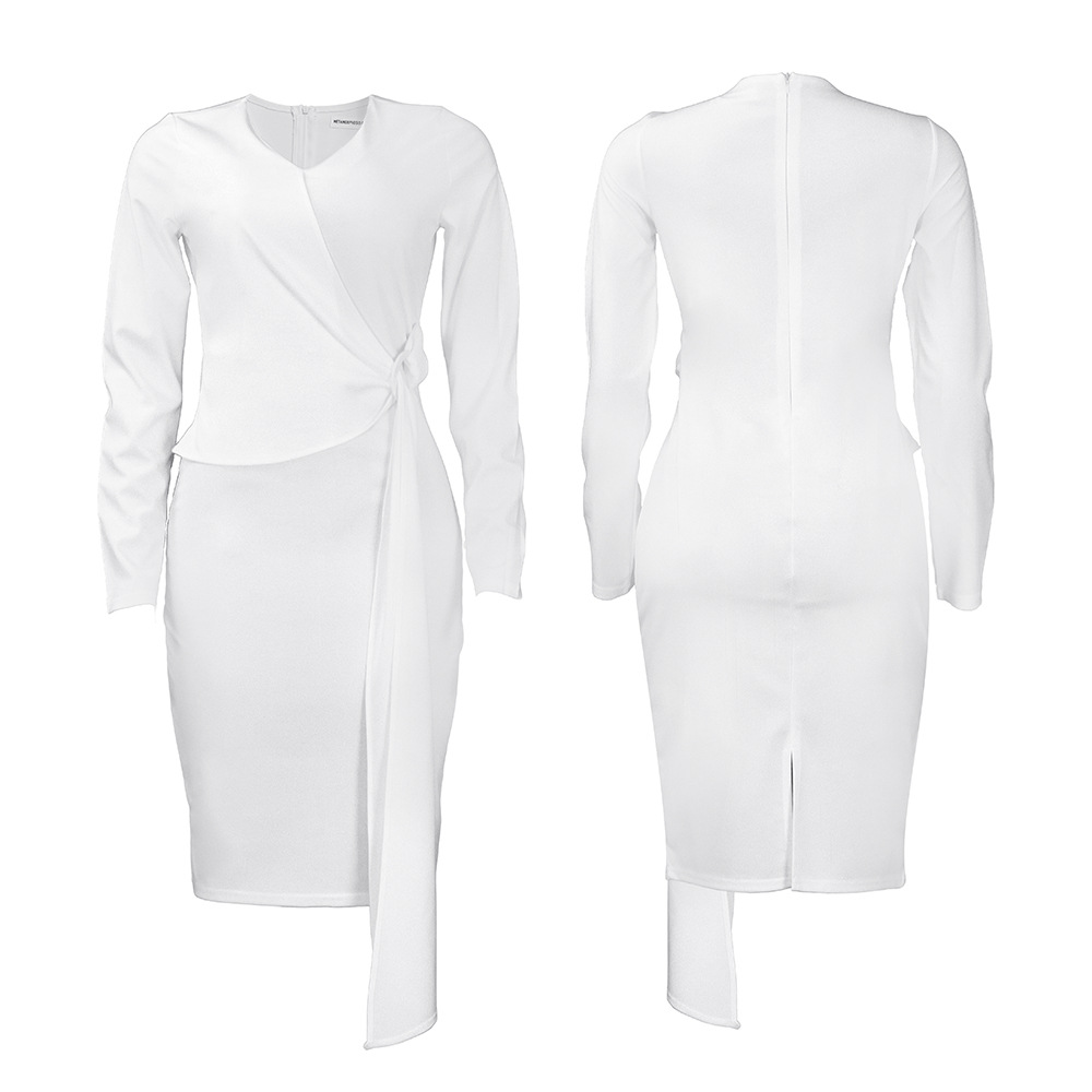 Solid Color Pattern Wholesale Women's Elegant Solid Color Banquet V Neck Long Sleeve Sheath Dress