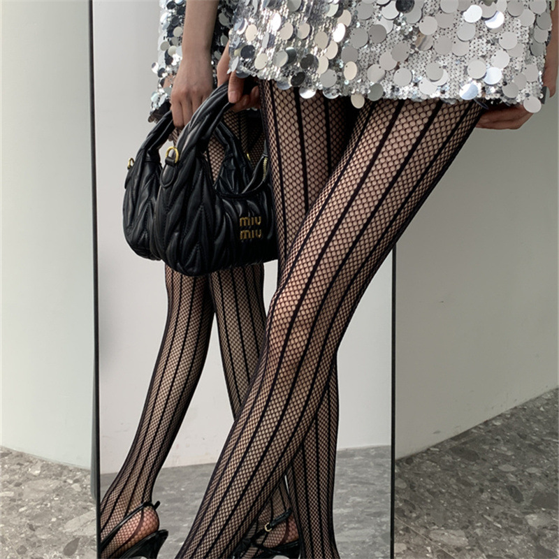 Striped Fishnet Stockings For Women, Thin Sexy Black Pantyhose_voghion.com
