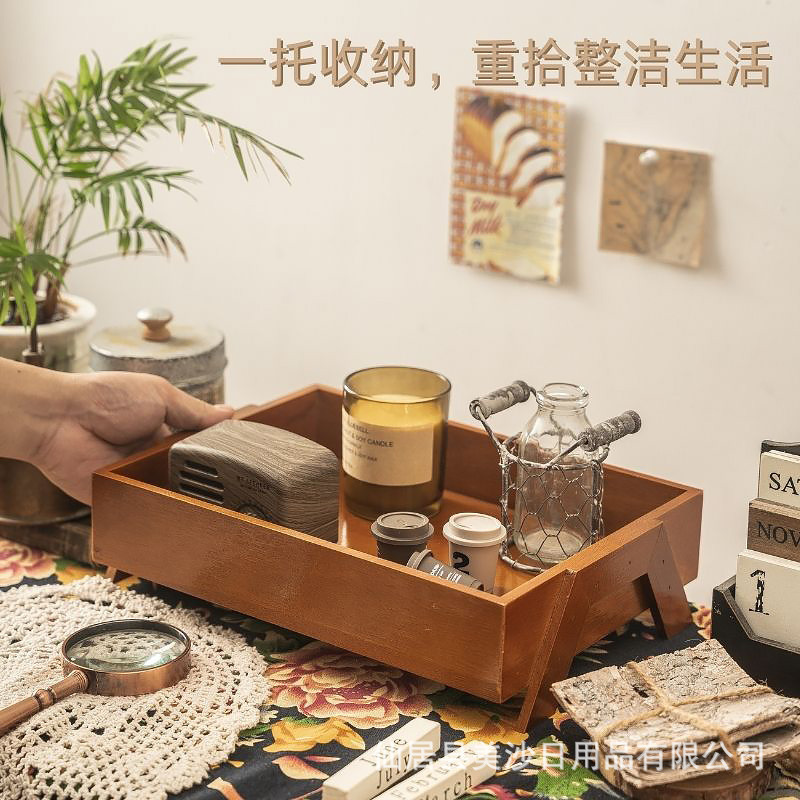 实木质桌面收纳盒复古香水化妆品杂物整理盒置物架玄关钥匙储物盘|undefined