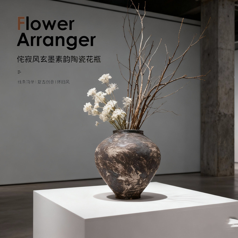 Wabi-Sabi Style Stoneware Jar Chinese Zen Retro Ceramic Vase Hotel B&B Decorative Ornaments High-End Vase