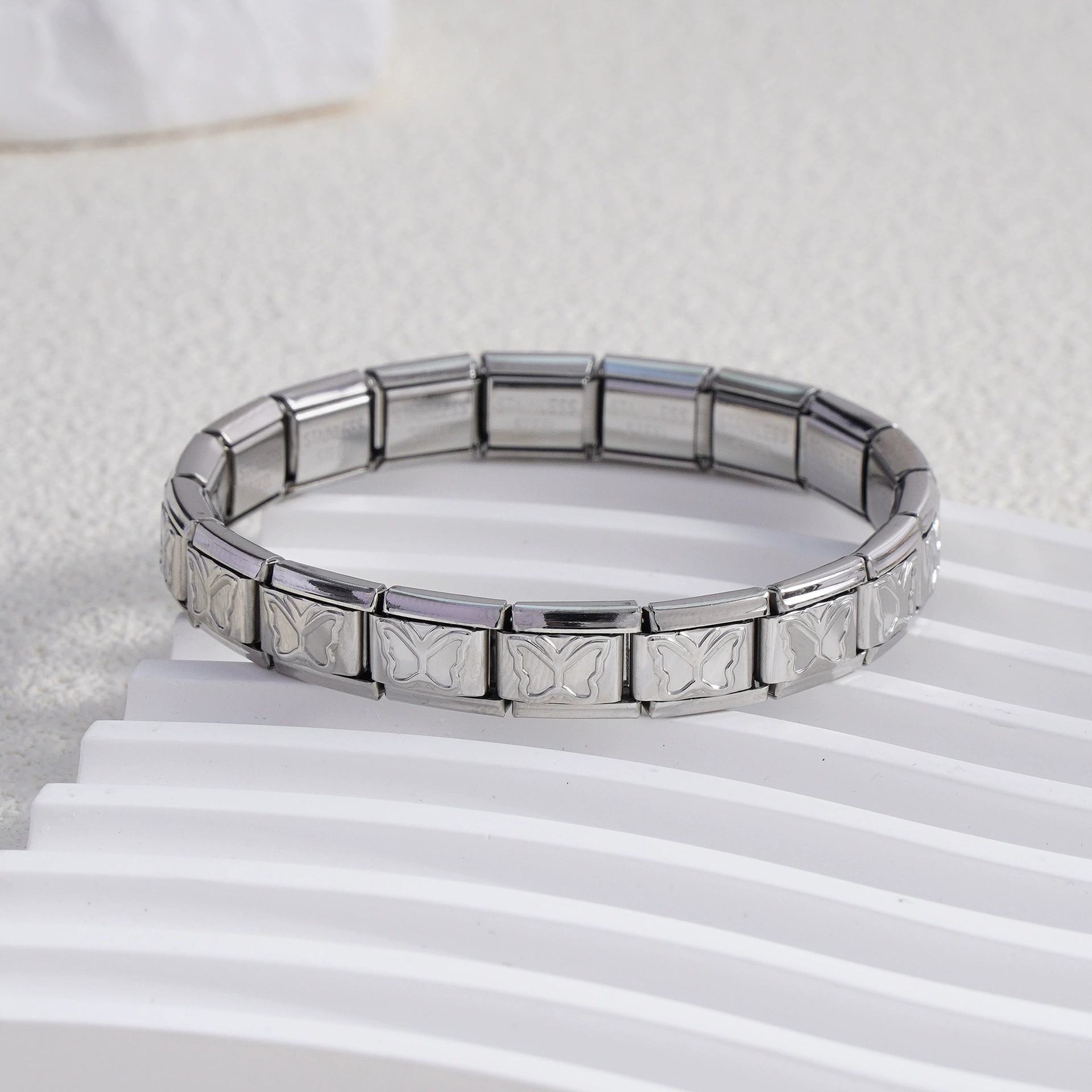 stainless steel bracelet, removable elastic link watch strap, italian european style, assorted charms