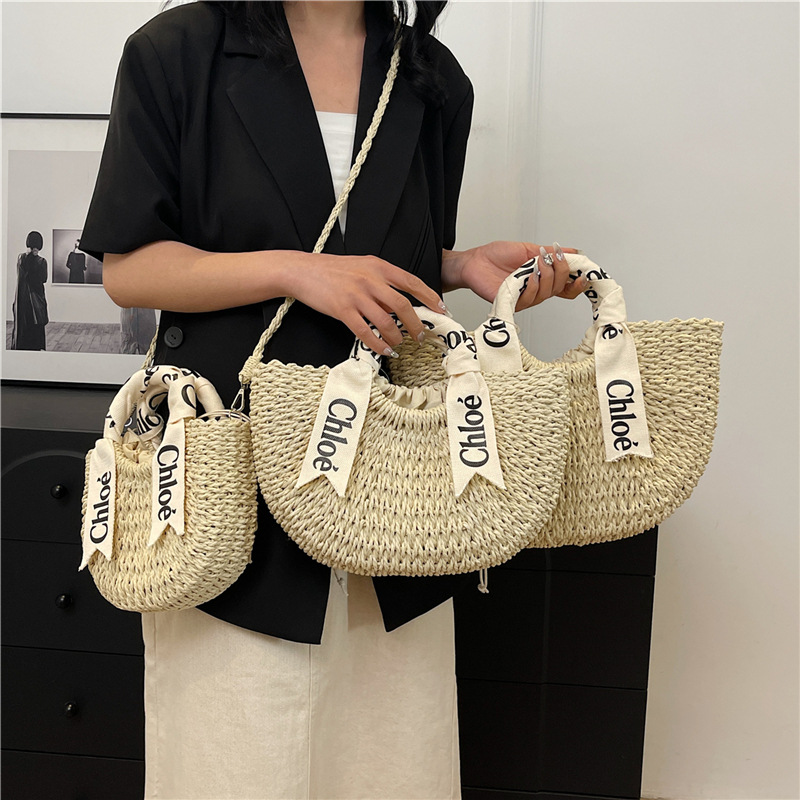 Summer Woven Bag For Women, Niche Design Semi-Circle Straw Bag, Casual Vacation Style Beach Bag, Handbag & Crossbody Bag - Thumbnail 3