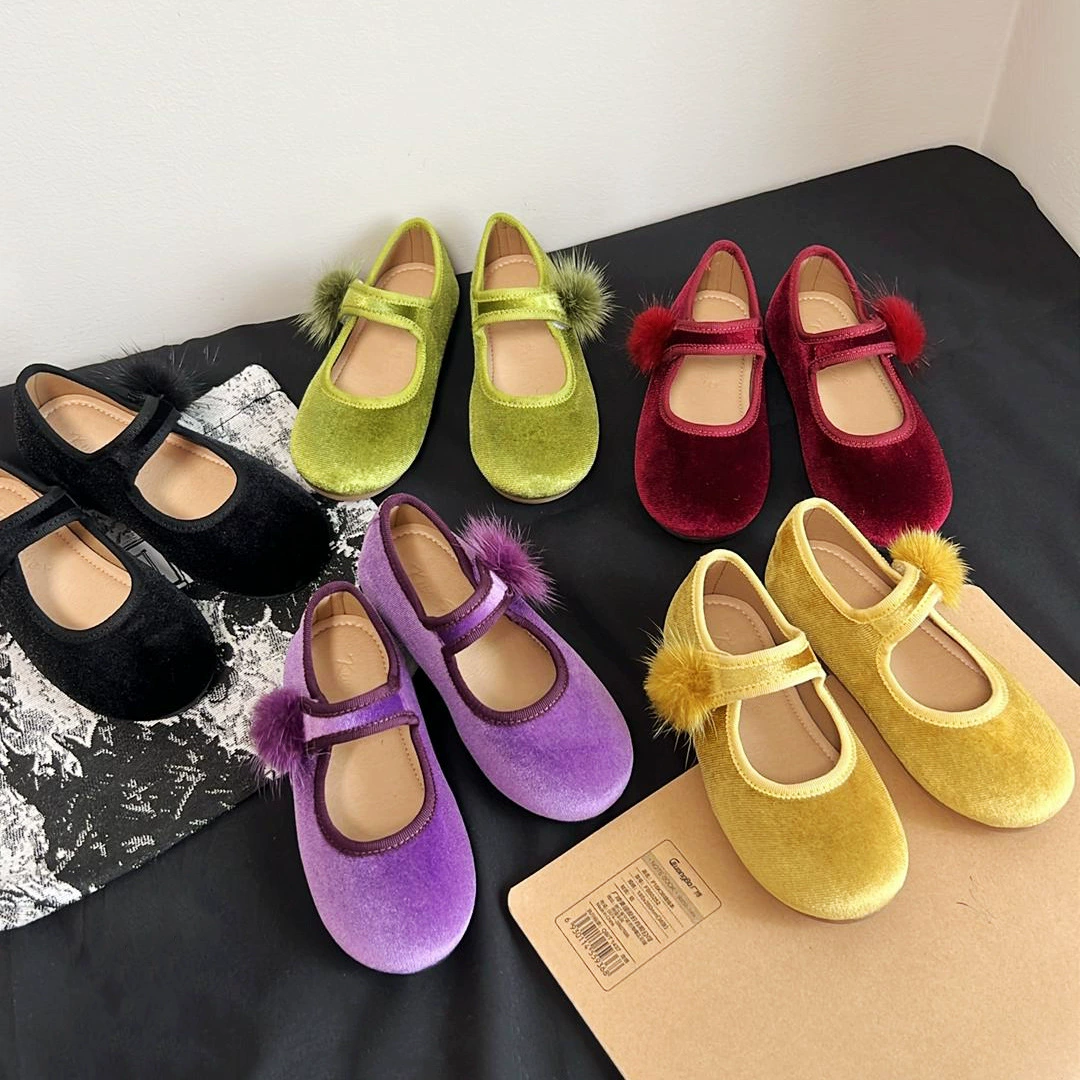 Корейская детская обувь 2024 для девочек бархатные новогодние красные одиночные туфли