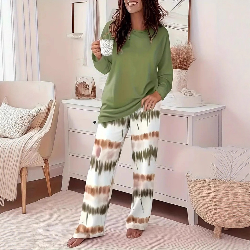 2-Piece Pajamas Set for Women, Homewear Set, Plaid Round Neck Long Sleeve T-Shirt, Tie-Dye Style Printed Trousers