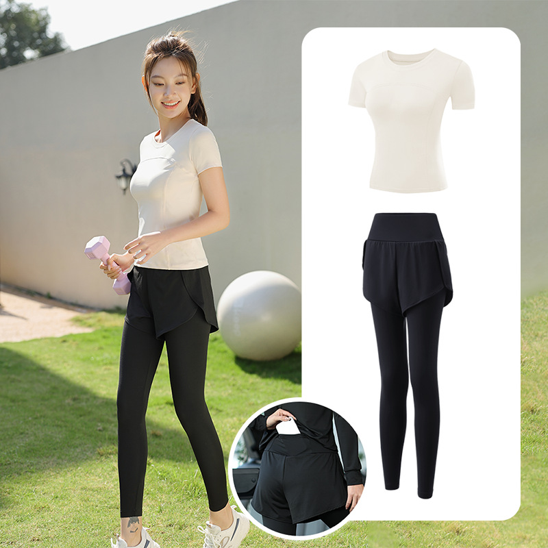 Trajes de yoga para mujeres de verano para correr ropa deportiva suelta rápida ropa seca bolsillo para correr trajes de mujeres de la mañana para correr comercio exterior