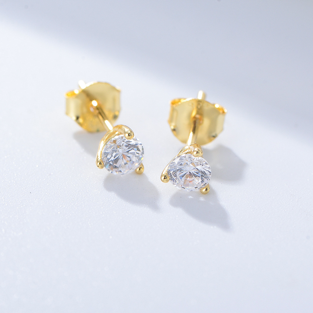 Peishang S925 Pendientes redondos de circonita de tres garras de plata esterlina Pendientes mini simples de moda para mujer Pendientes pequeños