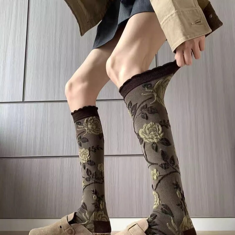 Autumn and Winter French Retro Elegant High-Intelligence Barn Style Wear Knee-High Socks Design Rose Coffee Color Women's Calf Socks