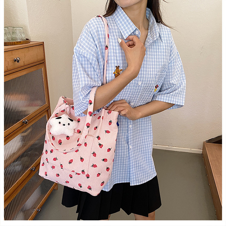375g Weight Polyester Lining Material Magnetic Buckle Closure Type Double Shoulder Straps Strap Type Bucket Bag Bags Type Holiday, Daily Occasion Corduroy Material Strawberry Pattern Spring&Summer Season Women's Gender Cute Style Square Shape Medium Size Women's Medium Corduroy Strawberry Cute Square Magnetic Buckle Bucket Bag 6