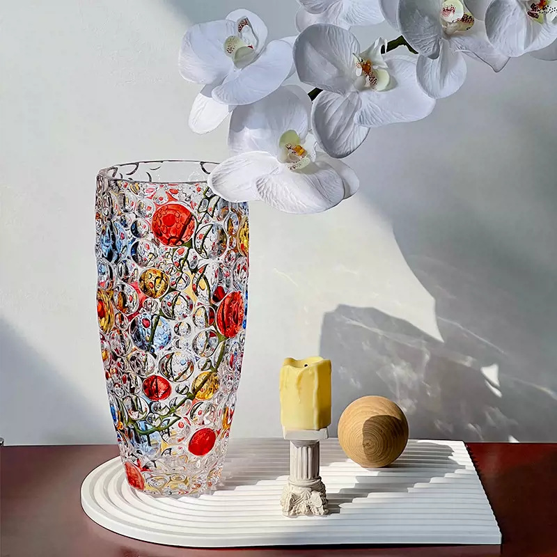 Jarrón de cristal transparente de alta gama con lunares coloridos pintados a mano, estilo escandinavo, decoración para el hogar y escritorio.