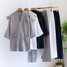 日式国风汉服睡衣男和服纯棉纱布薄系带大码200斤家居服两件套装
