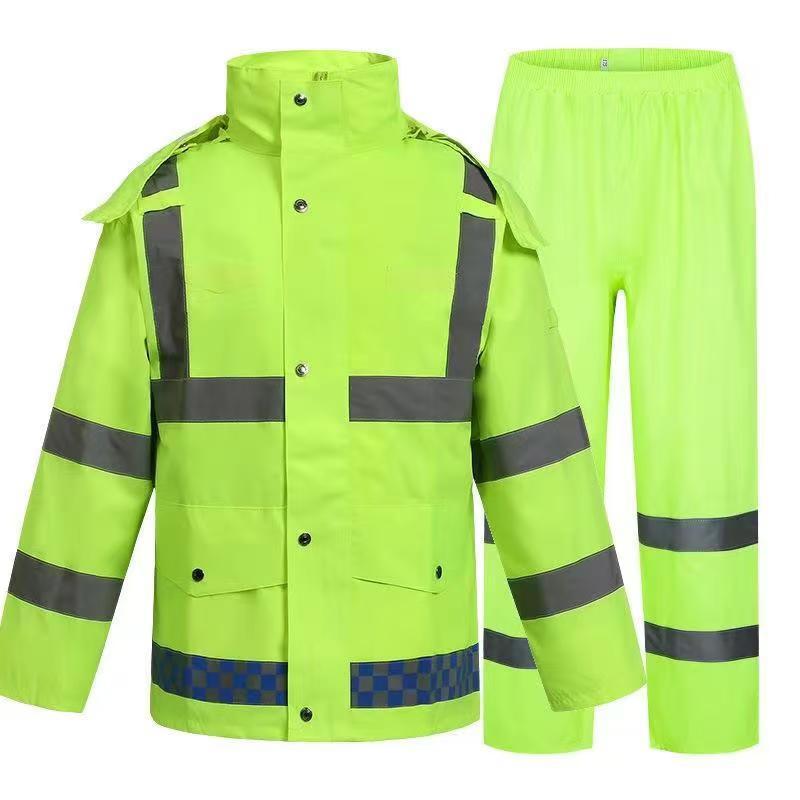 Fabricantes al por mayor chaqueta de lluvia reflectante conjunto de pantalones de lluvia tipo split rescate de tráfico de servicio saneamiento para llevar bicicleta fluorescente verde