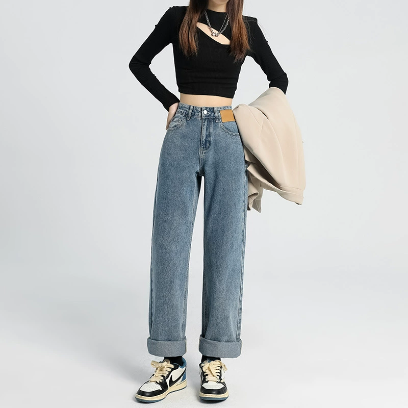 Ретро синие широкие ножки джинсы женская весна и осень 2023 новая высокая талия тонкая прямая свободная стрижка брюки
