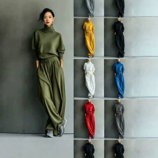 欧美跨境亚马逊春秋冬新品女士宽松运动休闲高领纯色套装女