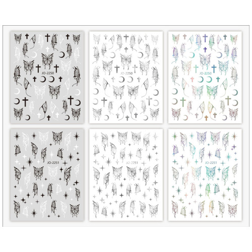 Elegant Butterfly Sticker Nail Art Star and Moon Butterfly Style 3D Back Glue Sticker Black and White Aurora Silver Nail DIY Decal Wholesale