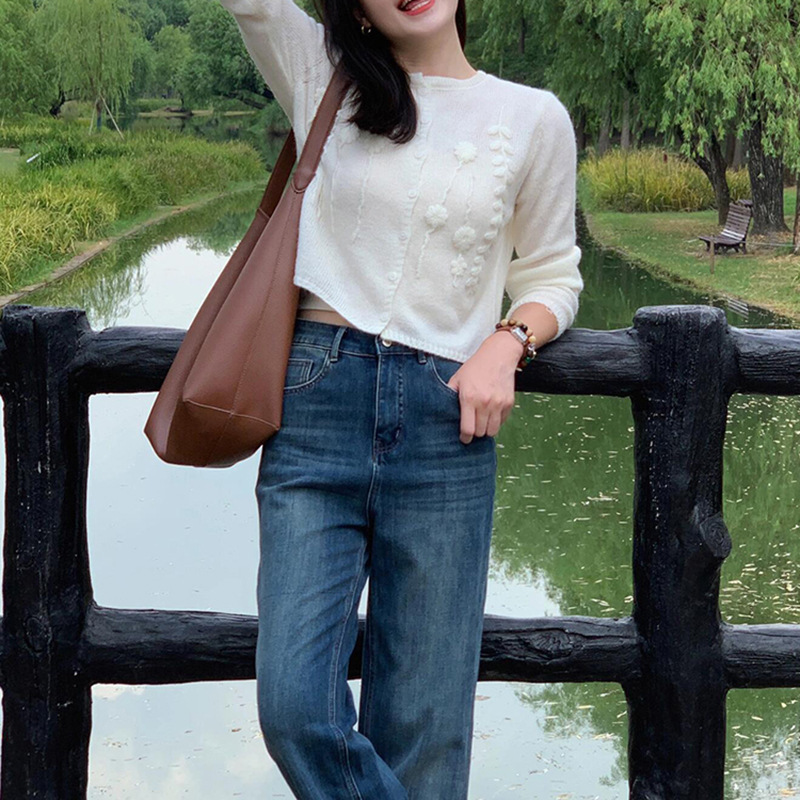 初秋氛围感穿搭白色提花毛衣开衫外套女外搭早秋韩系短款针织上衣|undefined