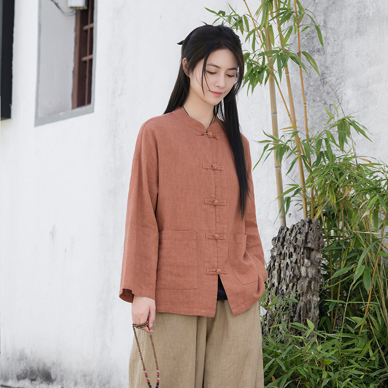 National Style Ramie Button-Up Women's Top 2026 New Model New Chinese Style Cardigan Morning Exercise Tai Chi Outfit Zen Tea Wear Tang Suit Shirt