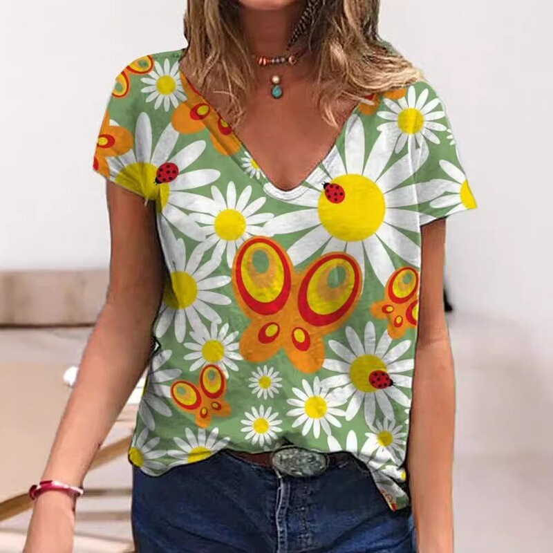 2026 Summer New Geometric Pattern V-Neck T-Shirt 3D Print Casual Short Sleeve Shirt for Women Versatile European and American Style 2026 Summer New Geometric Pattern V-Neck T-Shirt 3D Print Casual Short Sleeve Shirt for Women Versatile European and American Style