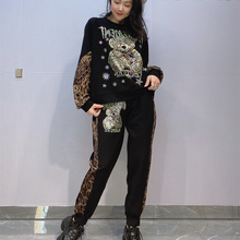 欧美跨境女装货源高端休闲运动套装女豹纹拼接长袖长裤大码两件套