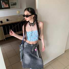 辣妹印花背心猫咪露背夏季千禧辣妹修身抹胸短款上衣