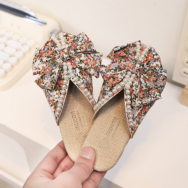 Zapatillas de arco para niñas verano nuevos niños zapatos de princesa de perlas suaves para niñas zapatillas de moda