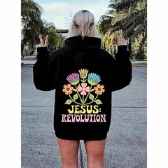 国境を越えた貿易フード付きスウェットシャツ女性用イエス革命フラワープリントルーズパーカーアマゾンウィッシュワンピース