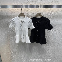 mm25 新しい夏スタイルの小さな香りのリボンフリル裾スリムニット半袖女性用