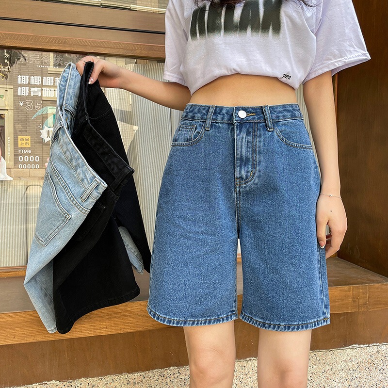 High-Waisted A-Line Casual Denim Shorts for Women, Summer Thin Mid-Length Pants, Plus-Size Loose Straight Wide-Leg Knee-Length Shorts
