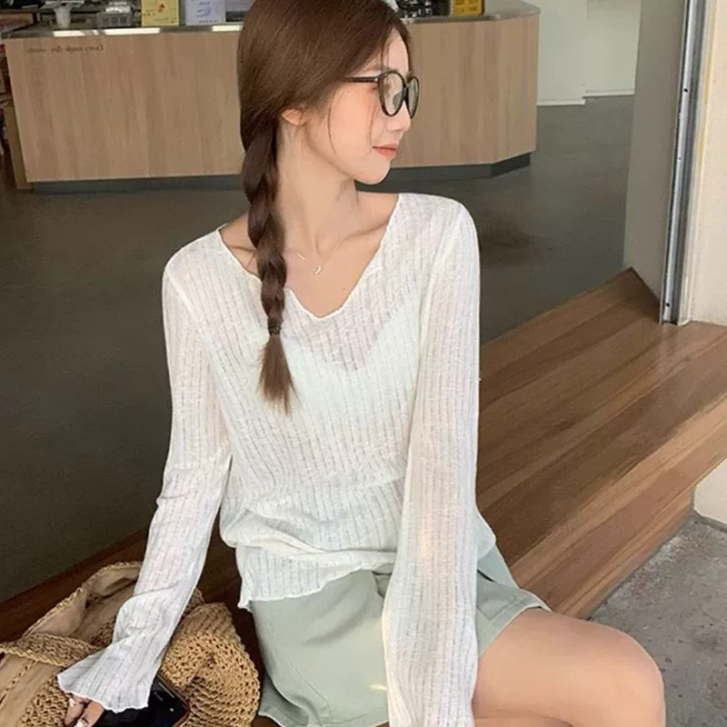 Трансграничный 2025 новый французский микро-через V-образный вырез с длинными рукавами