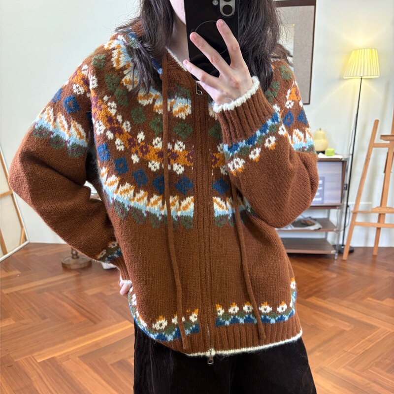 Jacquard hooded sweater, women's autumn and winter warm fair Isle knit cardigan, retro loose and casual style, versatile