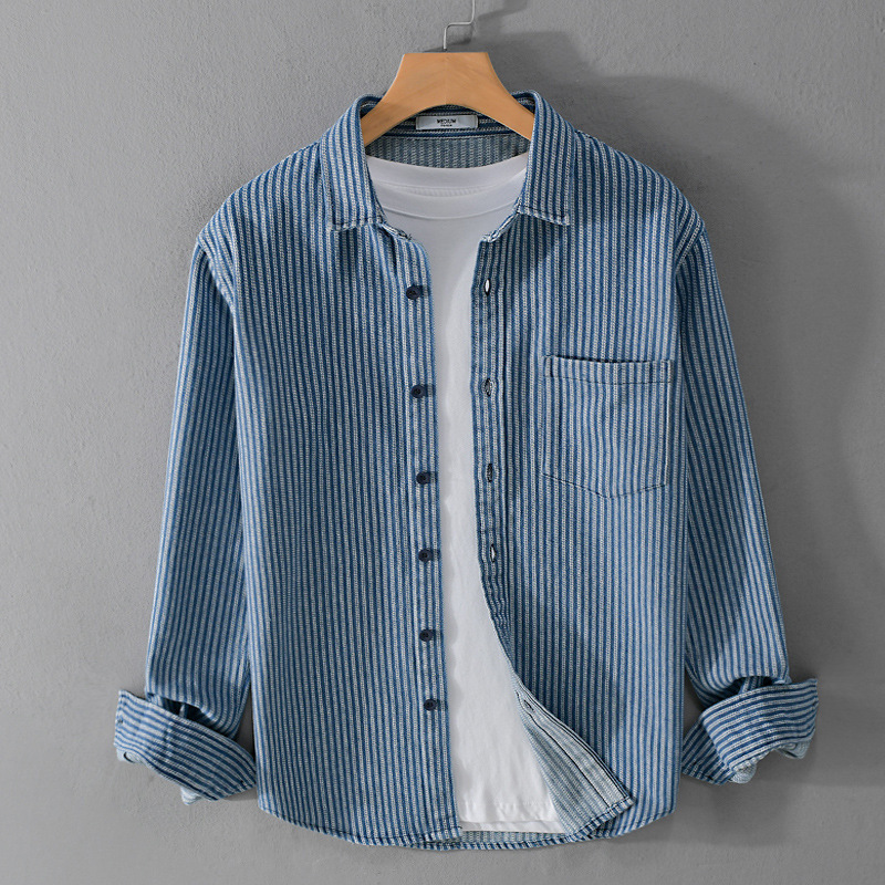 Spring and Autumn Men's Casual Striped Long-sleeved Denim Shirt Fashionable Young Men's Loafer and Handsome All-match Japanese Men's Shirt 9843