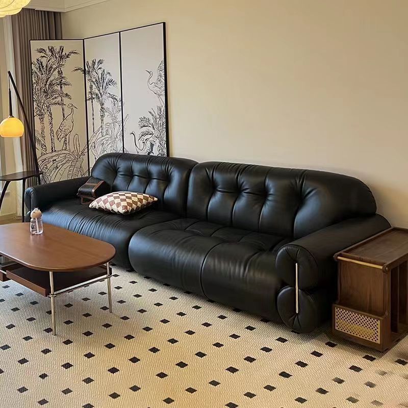 Italian Minimalist Leather Art Sofa Living Room Light Luxury Modern Home Small Apartment Retro Style Casual Straight Black Sofa