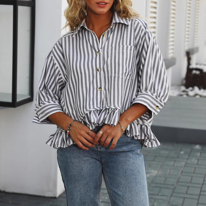 European and American Cross-Border Foreign Trade Amazon Women's Fashion Commuter Striped Lace Hem Loose Shirt Three-Quarter Sleeve Shirt