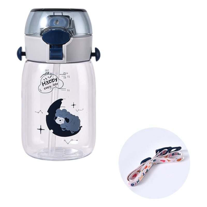 Botella de agua con diseño de dibujos animados y correa para el hombro, de alta estética, nuevo modelo 2024 para estudiantes, taza infantil de plástico portátil y bonita para la escuela en verano.