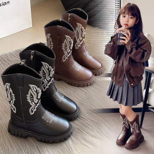 Girls Western Denim 2024 Autumn New Vintage Embroidered Martin Knight Children's Mid-barrel High-barrel Autumn Winter Boots